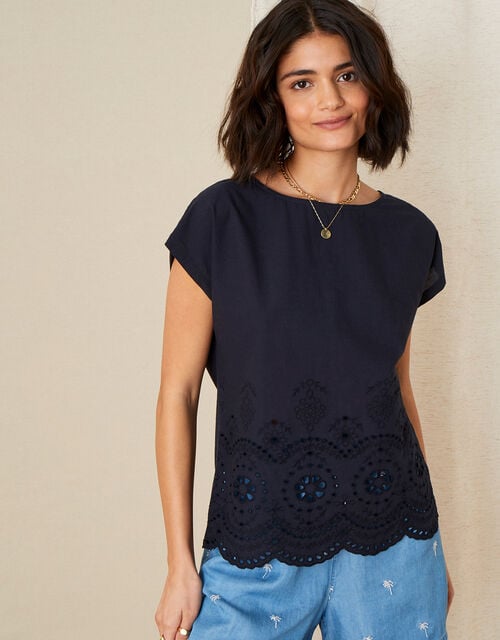 Lila Woven Front Tee in Organic Cotton , Blue (NAVY), large
