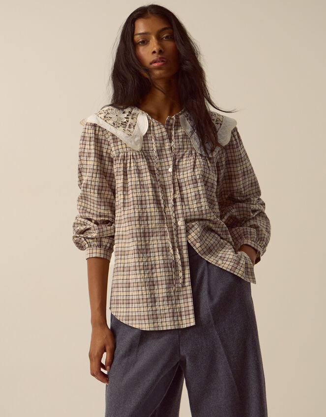 Thea Lace Collar Check Shirt, Brown (BROWN), large