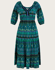 Tiered Leaf Print Midi Jersey Dress with Sustainable Cotton, Green (GREEN), large