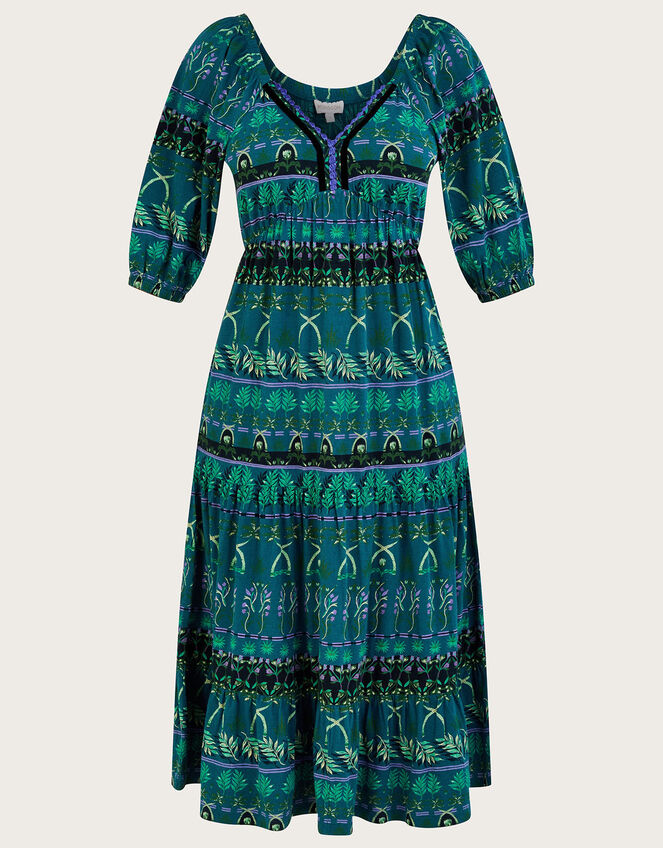 Tiered Leaf Print Midi Jersey Dress with Sustainable Cotton, Green (GREEN), large