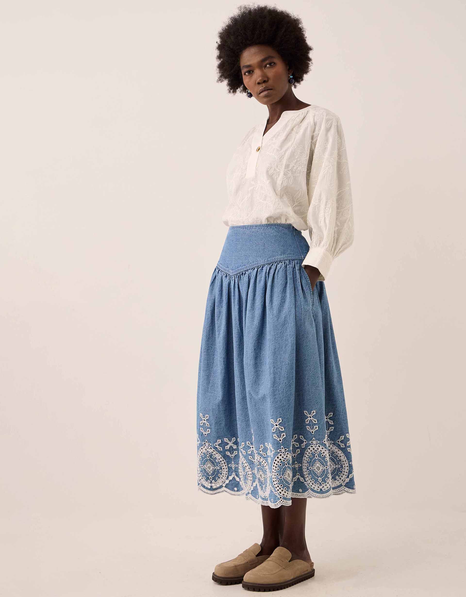 East Coralie Broderie Denim Midi Skirt Blue