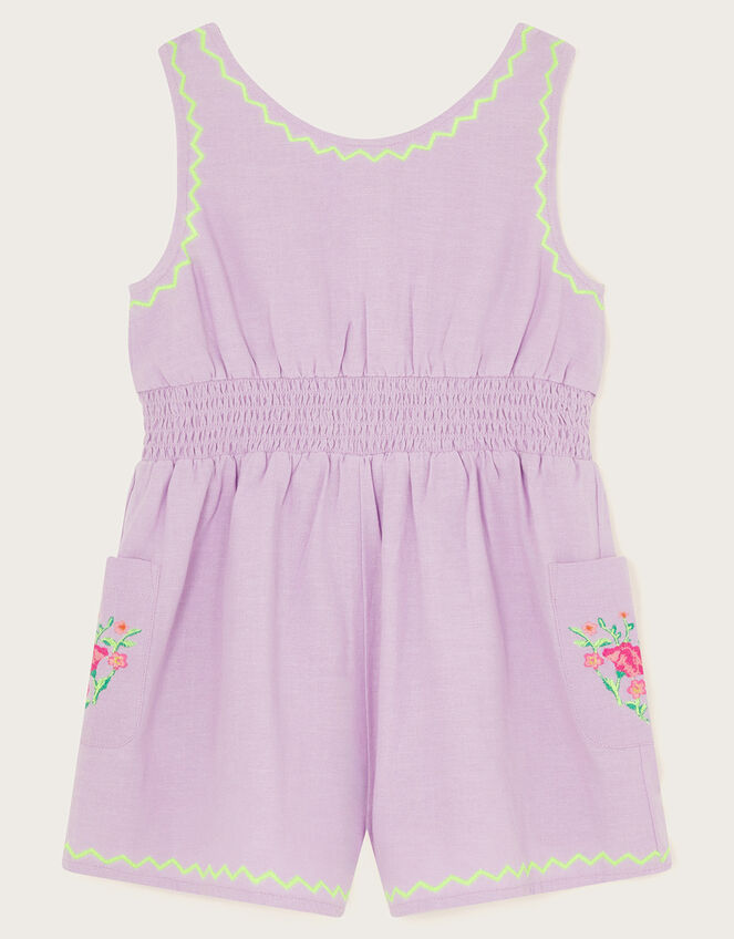 Linen Embroidered Playsuit, Purple (LILAC), large