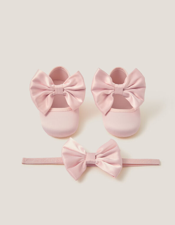 Baby Satin Bow Headband & Booties Set, Pink (PINK), large