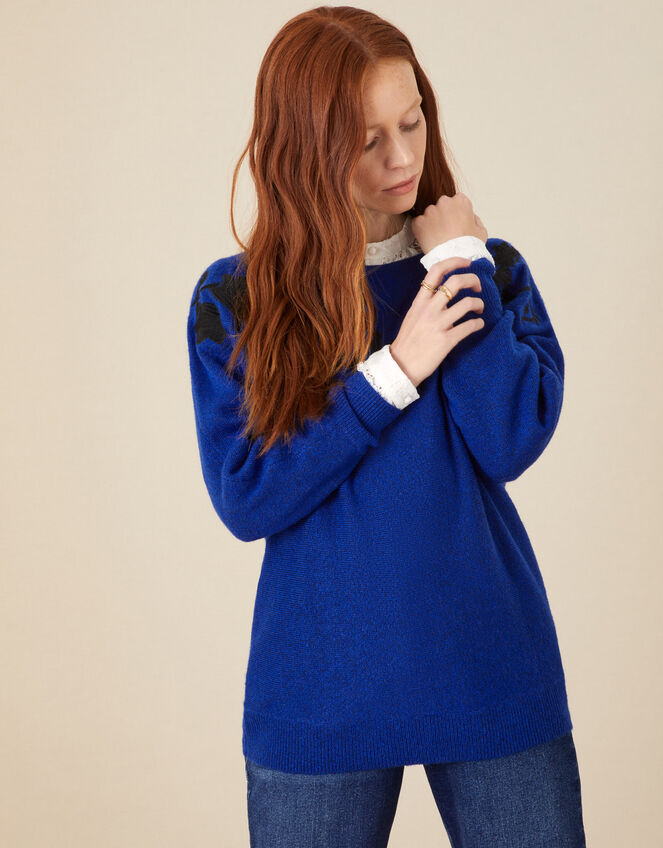 Besi Batwing Floral Embroidered Jumper, Blue (COBALT), large