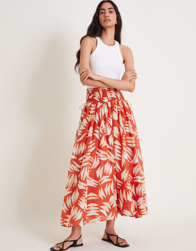 Orange Floral Block Print Cotton Maxi Skirt main image 0