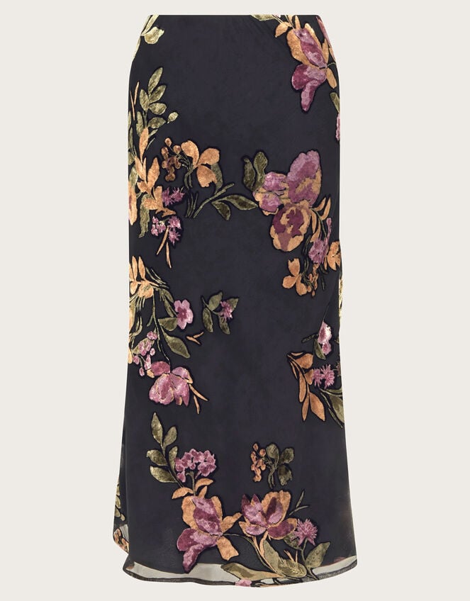 Ariella Floral Devore Midi Skirt, Black (BLACK), large