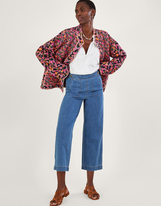 Ditsy Floral and Ikat Print Quilted Jacket in LENZING™ ECOVERO™ , Orange (ORANGE), large