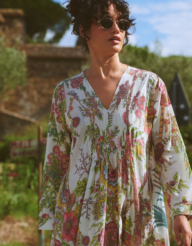 One Hundred Stars Boho Garden Print Midi Dress, Natural (ECRU), large