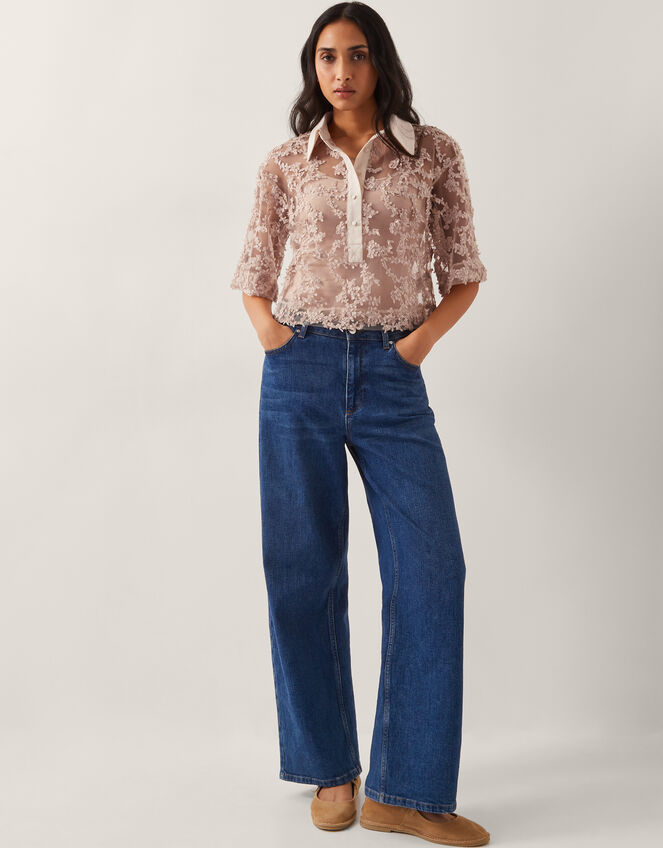 Alanna Sheer Appliqué Shirt, Nude (NUDE), large