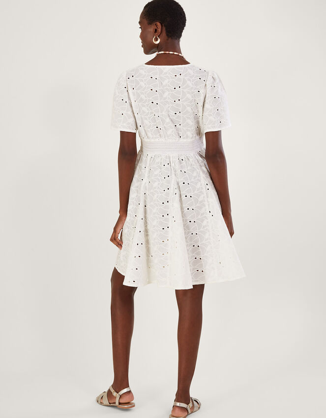 Schiffli V-Neck Pleated Short Dress, White (WHITE), large