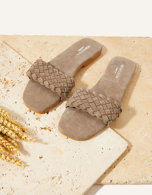 Plait Suede Slide Sandals, Grey (GREY), large