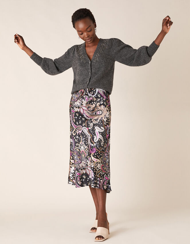 Beaded Knit Cardigan with Recycled Fabric, Grey (CHARCOAL), large