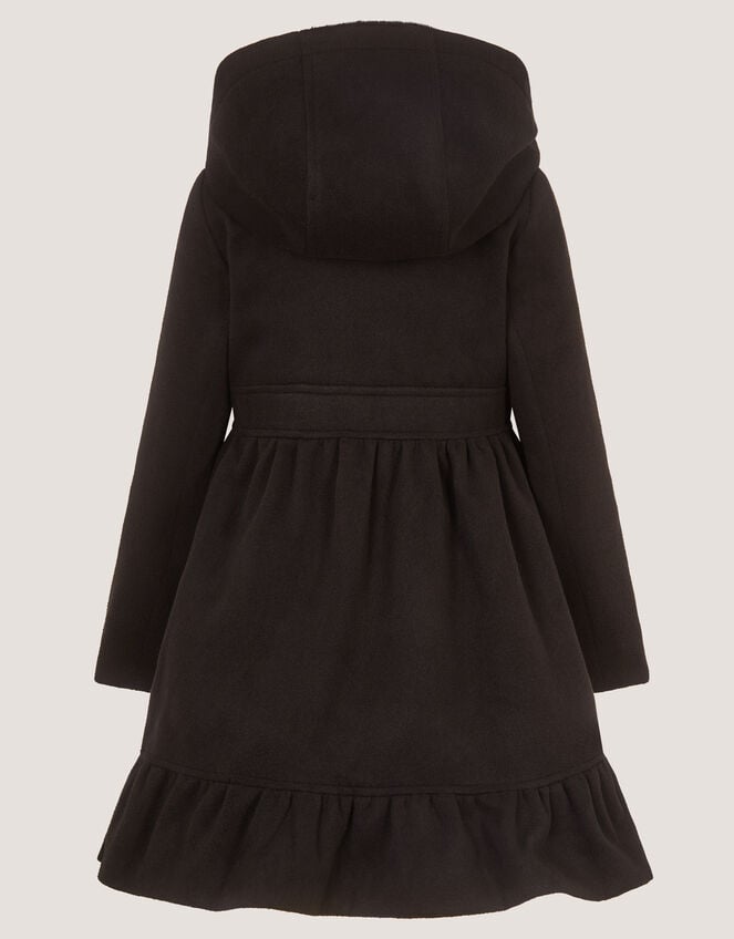 Faux Fur Collar Double-Breasted Coat, Black (BLACK), large