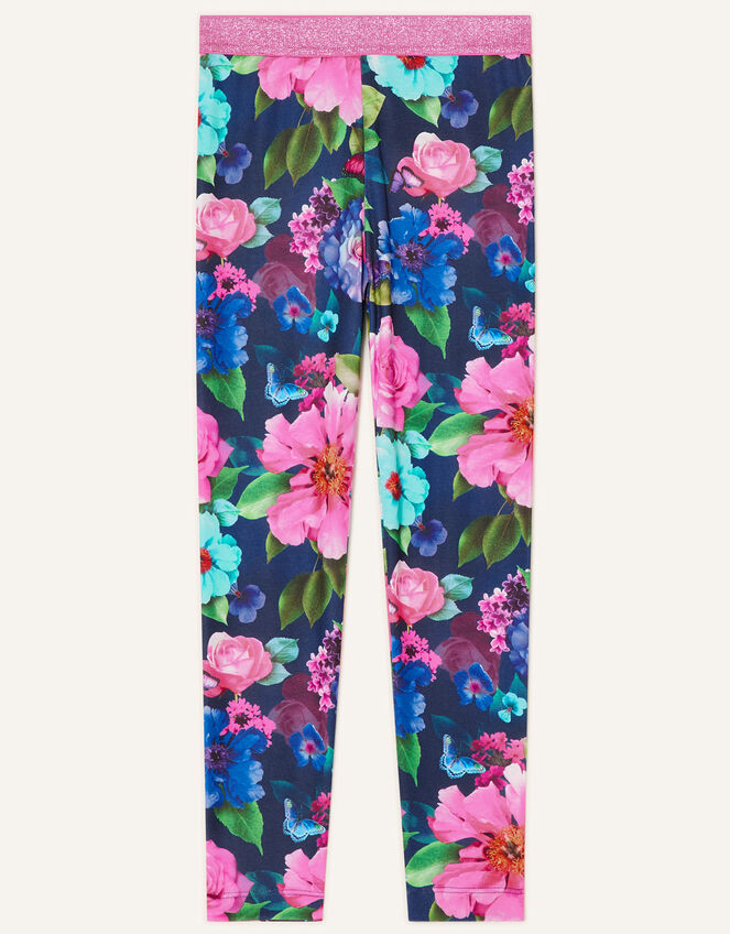 Rose Print Leggings, Blue (NAVY), large