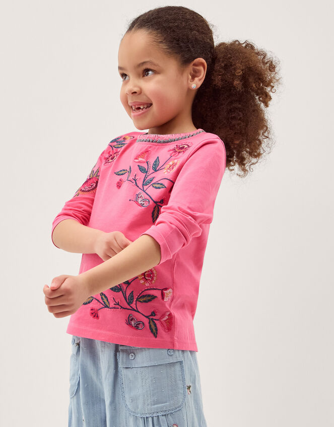 Floral Embroidered Long Sleeve Top, Pink (PINK), large