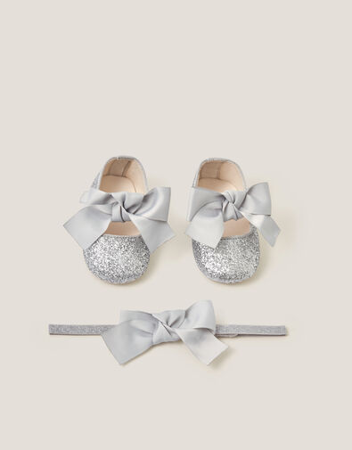 Baby Bow Glitter Headband & Booties Set, Silver (SILVER), large