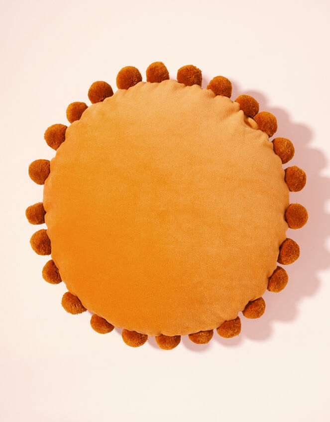 Pom-Pom Trim Velvet Round Cushion, , large