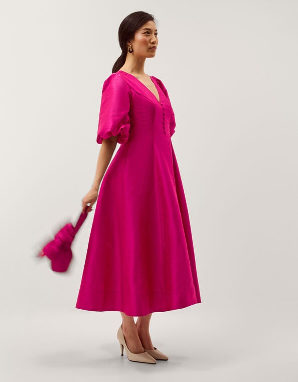 Beatrice Puff Sleeve A-Line Midi Dress, Pink (PINK), large