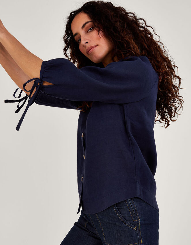 Tie Cuff Button Through Linen Blouse Blue | Tops & T-shirts | Monsoon UK.