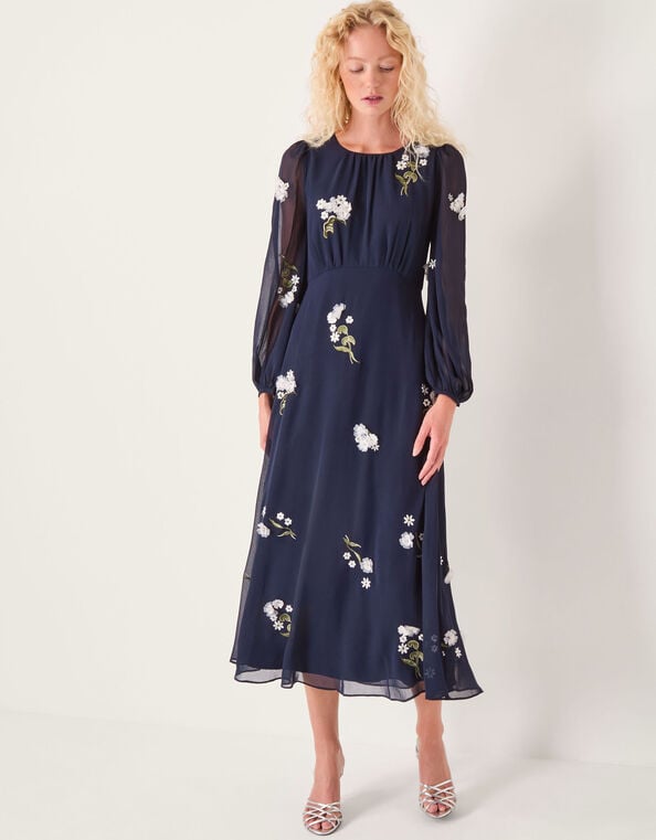 Delilah Floral Appliqué Midi Dress, Blue (NAVY), large