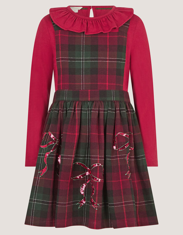 Frill Top & Tartan Pinafore Dress Set, Red (BURGUNDY), large