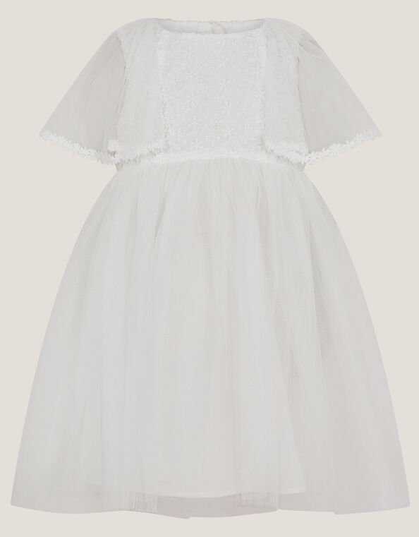 Baby Flutter Sleeve Floral Embroidered Tulle Dress, Ivory (IVORY), large