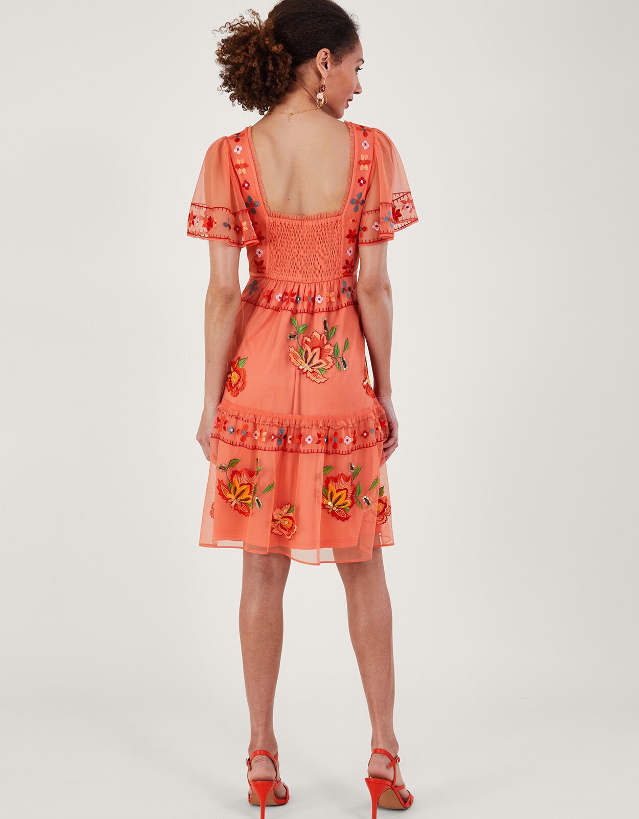 Ana Embroidered Tiered Dress in Recycled Polyester Orange