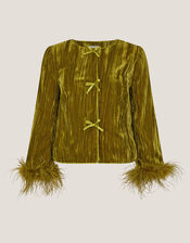 Olivia Feather Cuff Velvet Jacket, Green (OLIVE), large