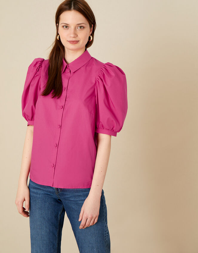 Puff Sleeve Shirt in Pure Cotton, Pink (PINK), large