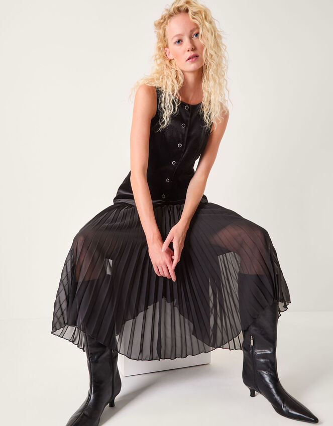 Vanessa Sleeveless Velvet Pleated Midi Dress, Black (BLACK), large