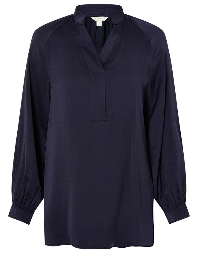 Long Sleeve Satin Blouse, Blue (NAVY), large