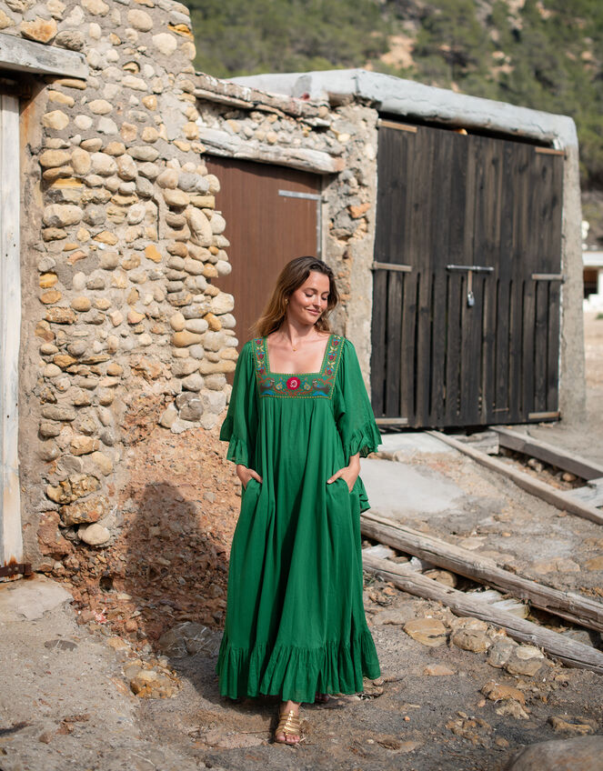 La Galeria Elefante Silver Embroidered Square Neck Maxi Dress, Green (GREEN), large