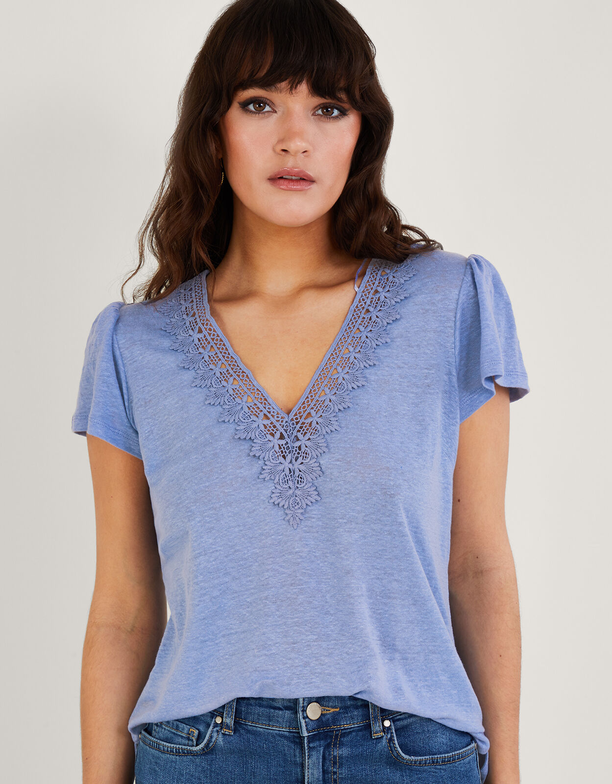 Lace V Neck Short Sleeve Top in Linen Blend Blue Tops T shirts