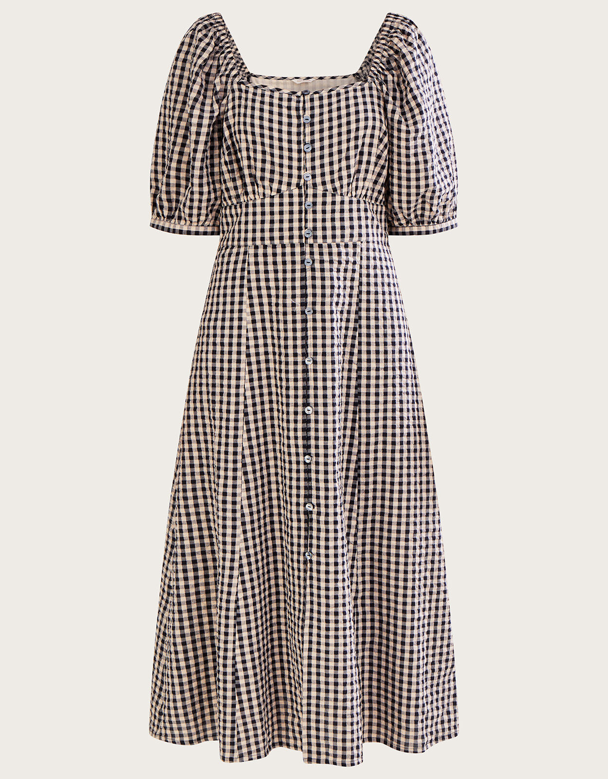 Check Print Button Through Midi Dress Brown