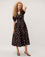 Amara Polka Dot Belted Midi Dress, Black (BLACK), large