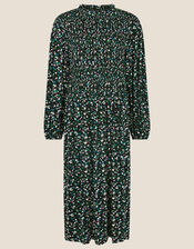 Floral Print Shirred Midi Dress, Black (BLACK), large