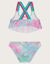 Palm Print Frill Bikini Set, Blue (TURQUOISE), large