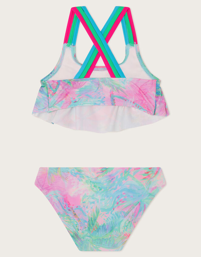 Palm Print Frill Bikini Set, Blue (TURQUOISE), large