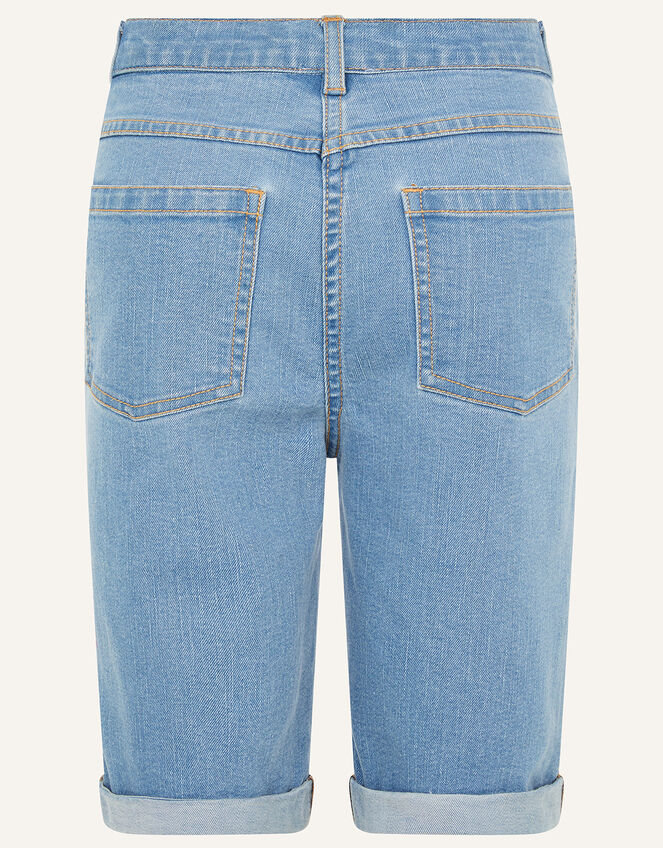 Sequin Flower Longline Denim Shorts , Blue (BLUE), large