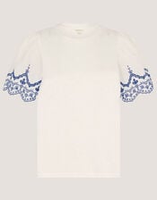 Bree Broderie Sleeve Jersey T-Shirt, White (WHITE), large