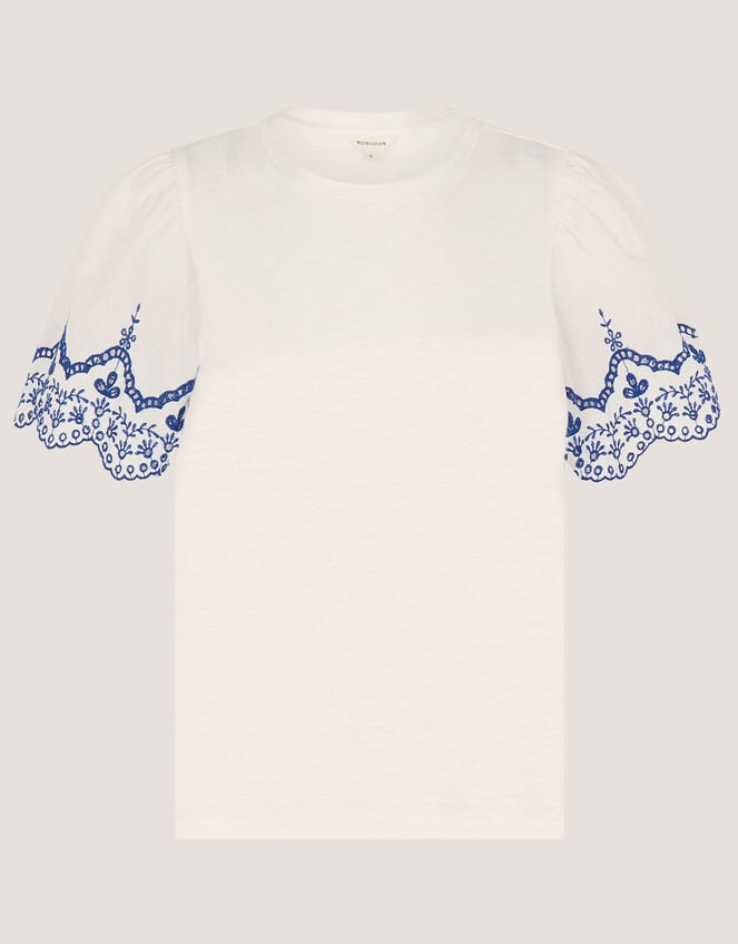 Bree Broderie Sleeve Jersey T-Shirt, White (WHITE), large