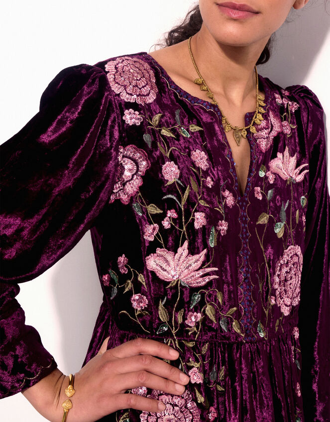 East Katlin Floral Embroidered Velvet Dress, Red (BERRY), large