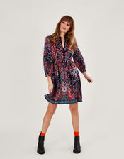 Velvet Trim Printed Short Jersey Dress, Blue (NAVY), large