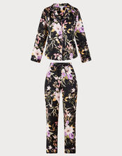 Foil Floral Print Satin Pyjama Set, Black (BLACK), large