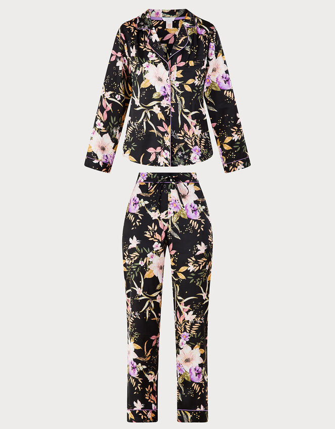 Foil Floral Print Satin Pyjama Set, Black (BLACK), large