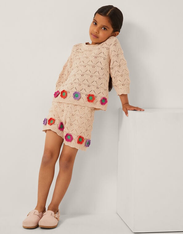 Crochet Flower Knit Shorts, Ivory (IVORY), large