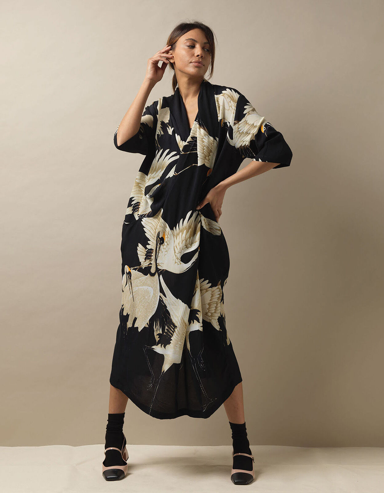 One Hundred Stars Stork Print Dress Black