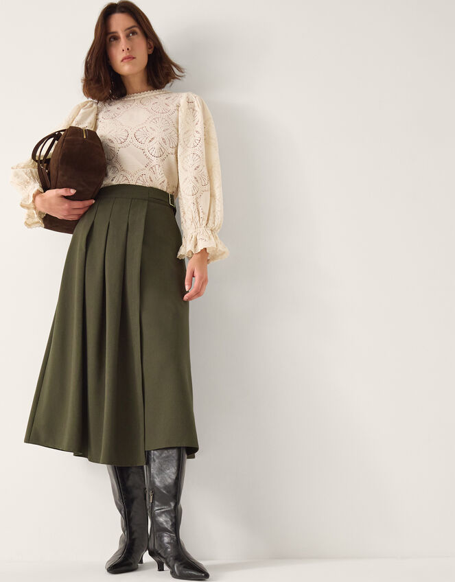 Jillian Pleated Kilt Midi Skirt , Green (KHAKI), large