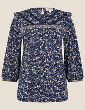 Lace Trim Printed Top, Blue (NAVY), large