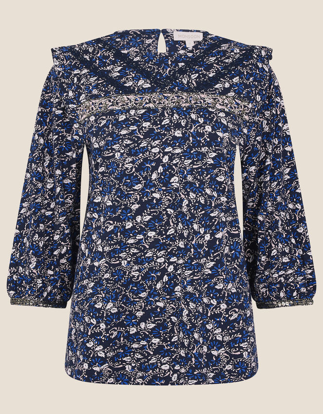 Lace Trim Printed Top, Blue (NAVY), large